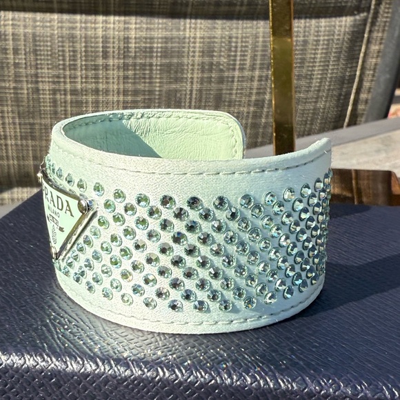 EUC! Prada Crystal-Embellished Leather Mint Aqua Cuff Bracelet - Picture 7 of 8